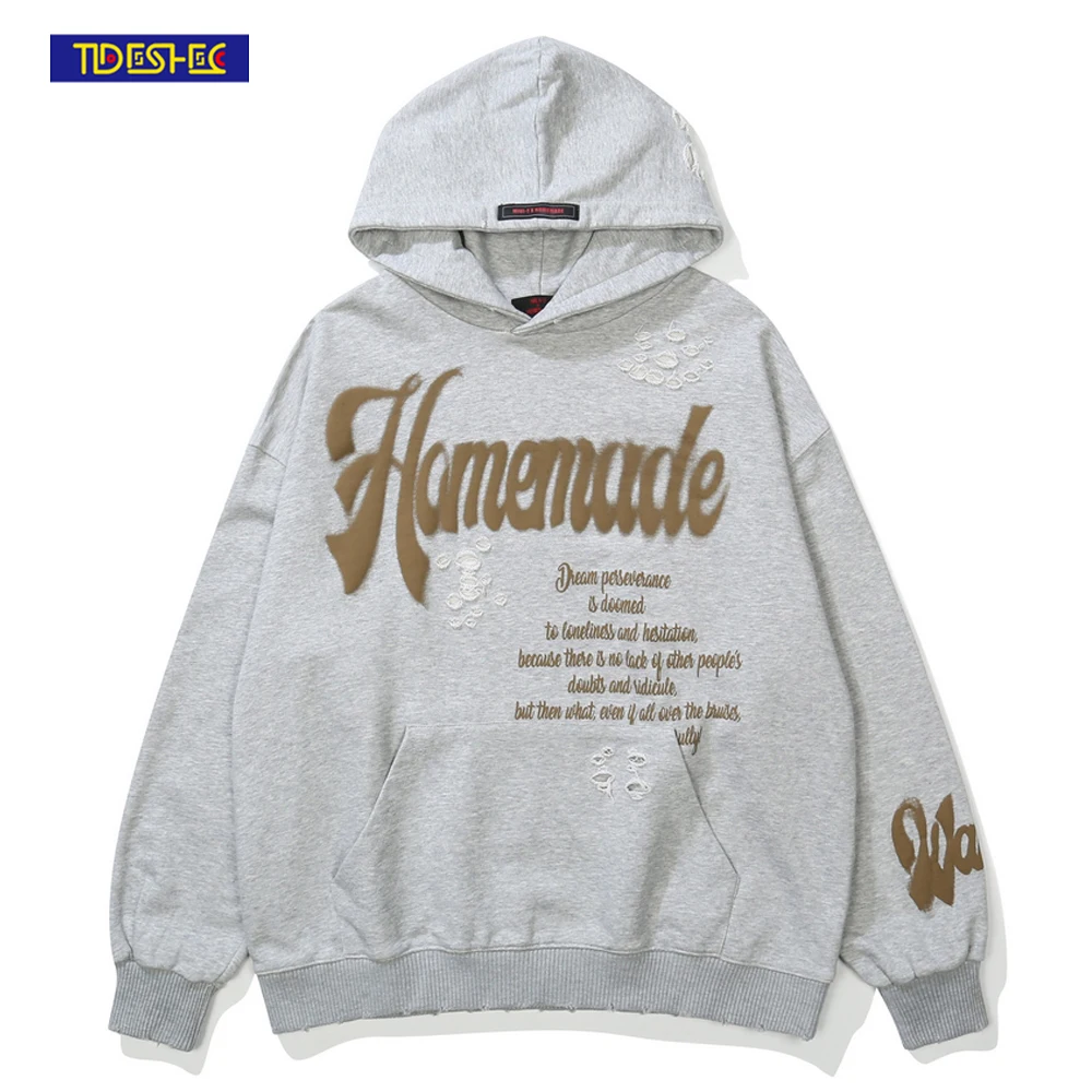

2022 Spring Autumn Letters Print Ripped Hoodie Punk Gothic Style Men Streetwear Cotton Pullover Men Women Hoodies Couple Clothes