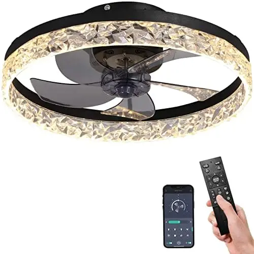 

Ceiling Fan with Lights Dimmable LED Reversible Blades Timing with Remote Control, 5 Bladesflush mount ceiling fan (18in, Black