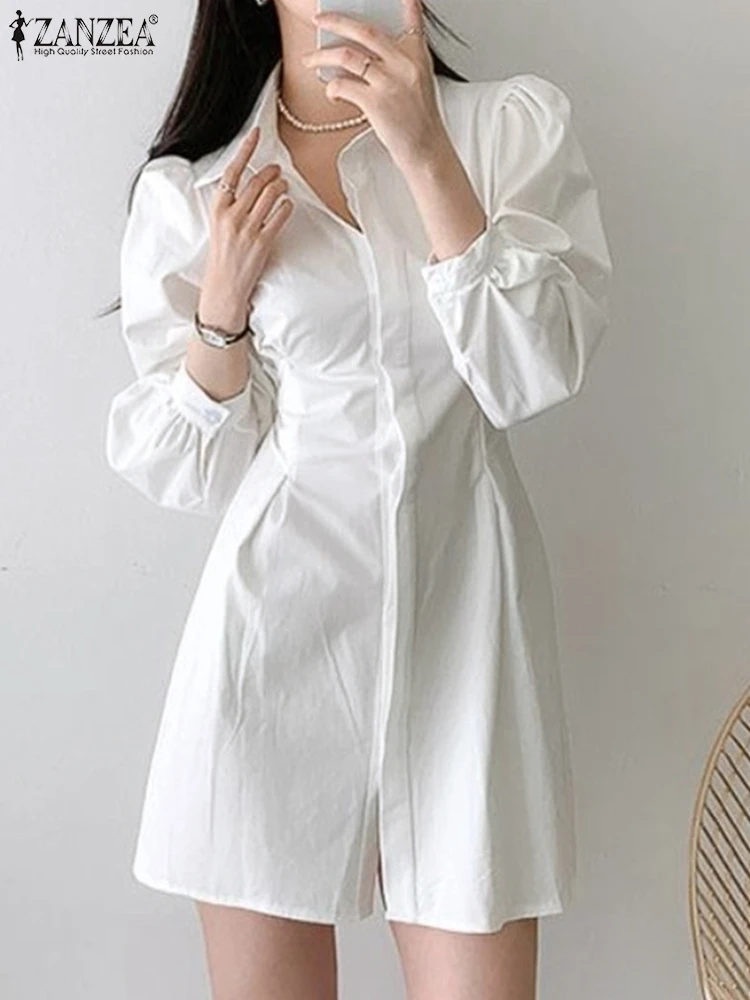 

Women Shirt Dress 2022 Chic Solid Mini Robe ZANZEA Elegant Swing Vestidos Casual Holiday Pleated Sundress Spring Summer Dresses
