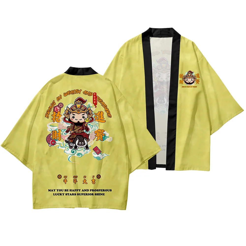 

Fashion Kimono and Pant Set Men Women Cardigan Blouse Haori Plus Size 5XL 6XL Lucky Cow Print Japanese Style Obi Asian Clothes