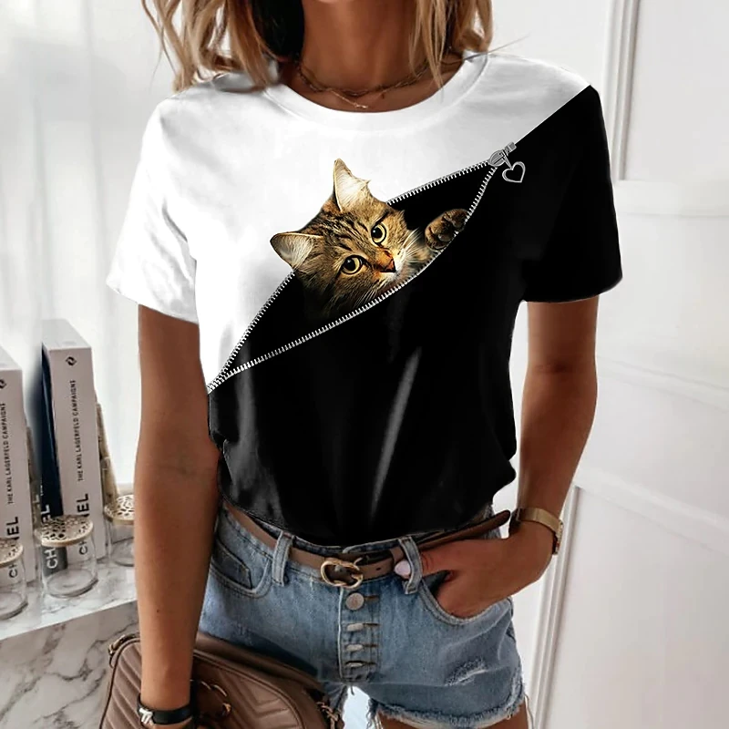

Новинка 2022, женская футболка с милым принтом кота/кота, модный топ с коротким рукавом для девушек, модная повседневная нишевая Дизайнерская ...