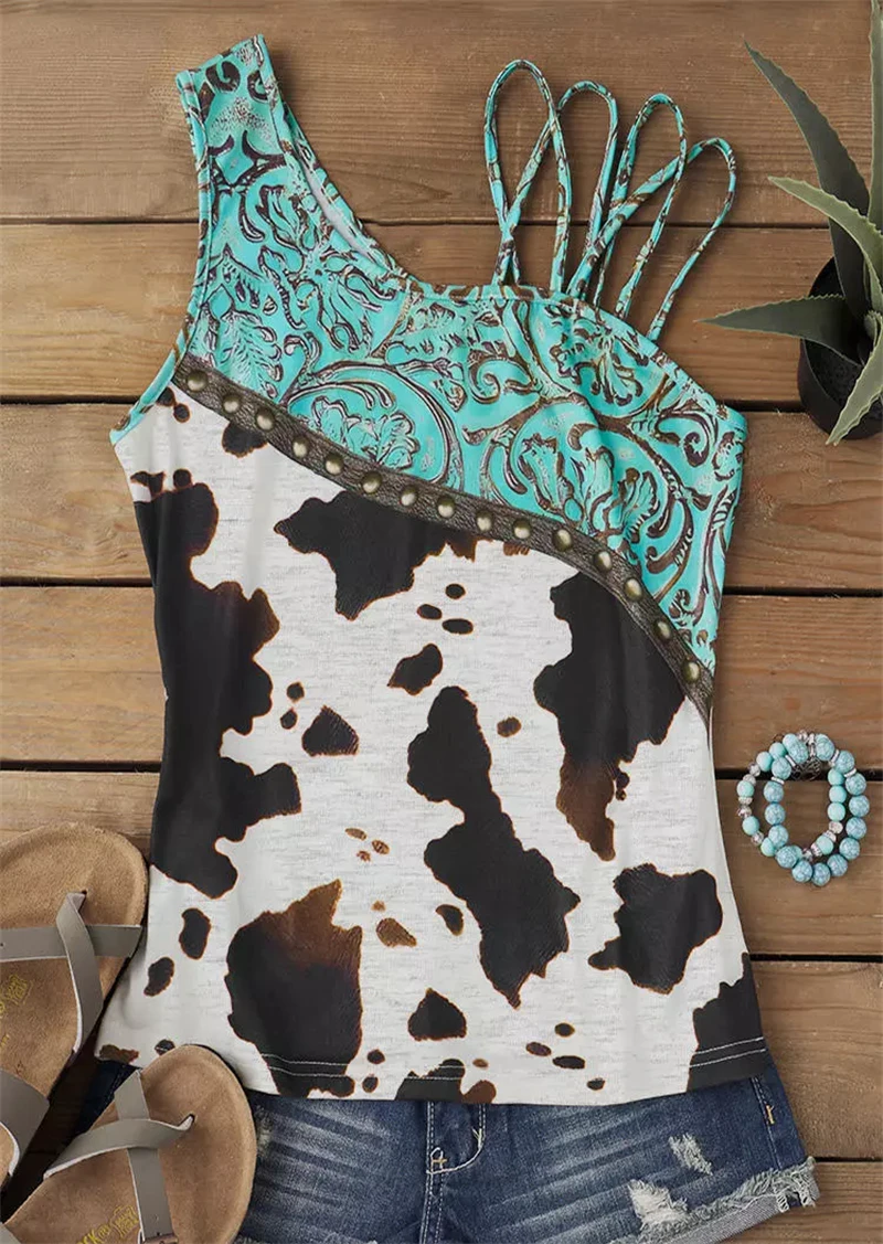 

Cow Abstract Graphic Criss-Cross Hollow Out Tank Women's Cool Sleeveless Tank Top 2023 New Short Vest Tee Street Fashion Cloes