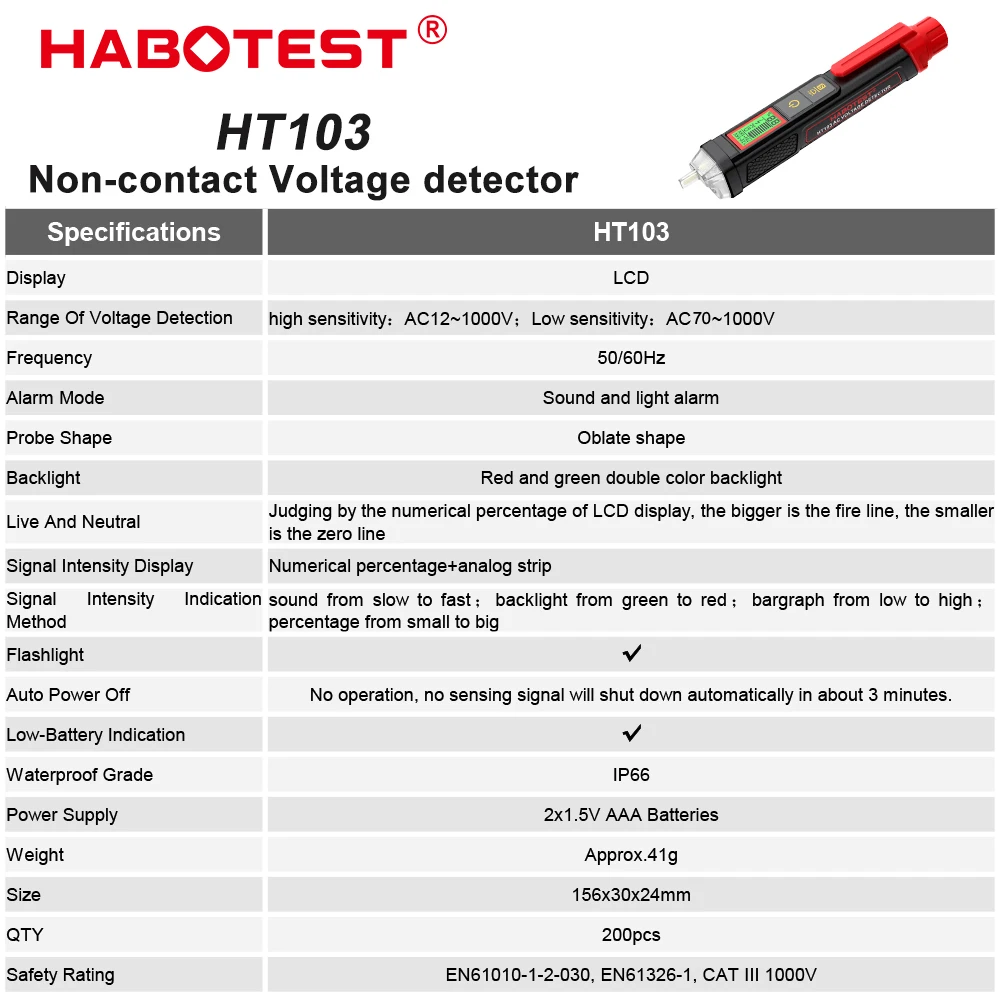 Фото HABOTEST HT103 Бесконтактный детектор напряжения Высокоточная идентификация живого/нейтрального провода 12-1000 В с фонариком Обнаружение переменного тока №5