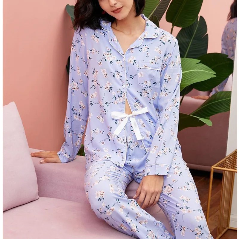 100% Viscose Sleepwear WInter Women Pajamas Set Two Pieces Set Pajamas Pjs Full Sleeve Flower Print NIghtwear Pijamas