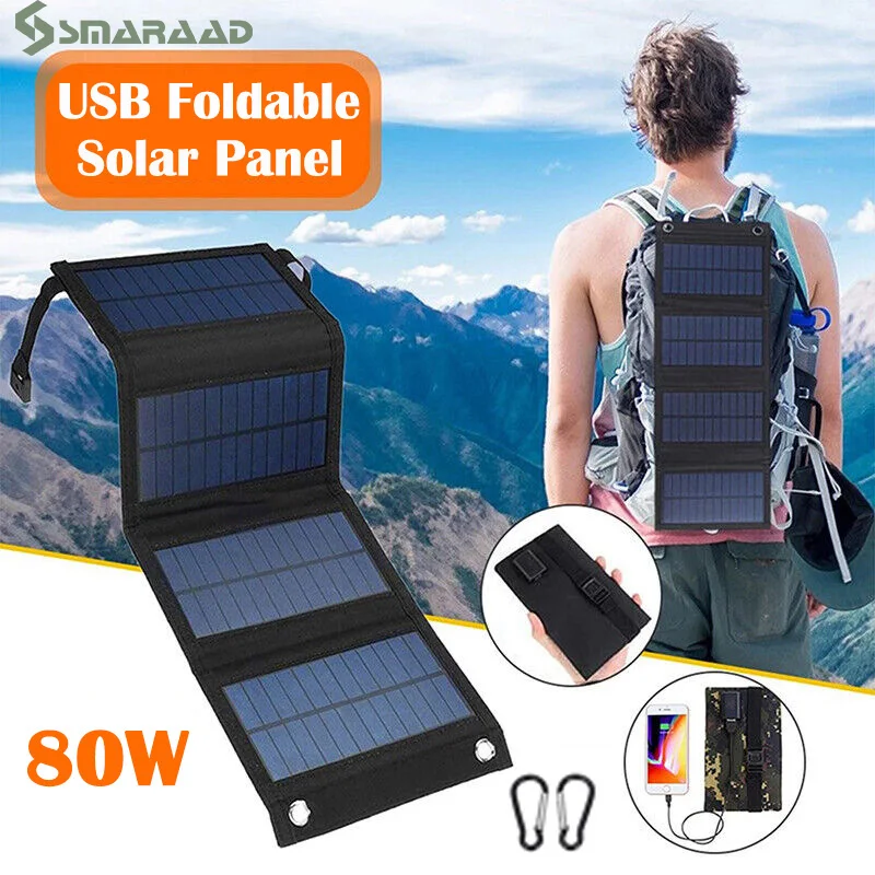 

SMARAAD 80W USB Solar Panel Portable Folding Foldable Waterproof Power Bank Outdoor Camping Hiking Phone Charger