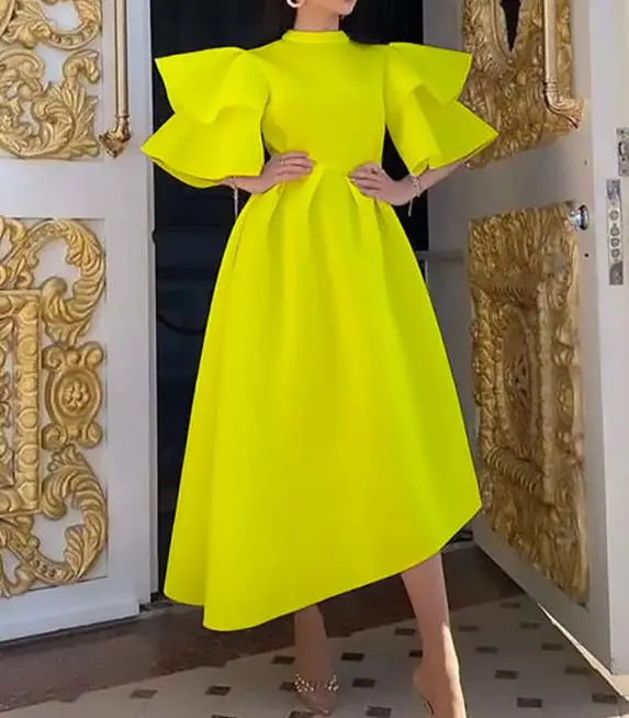 

Women Dress Summer 2023 Double Layer Ruffle Sleeve Solid Color Round Neck High Waist Large Swing Dress Dress Elegant Party Dress