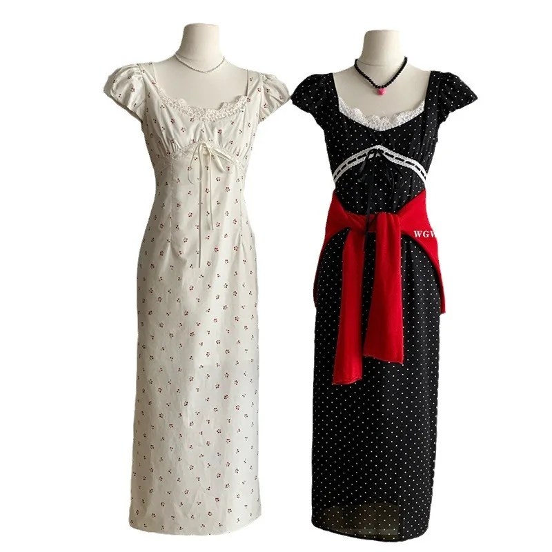 Женское длинное платье в горошек с кружевной юбкой