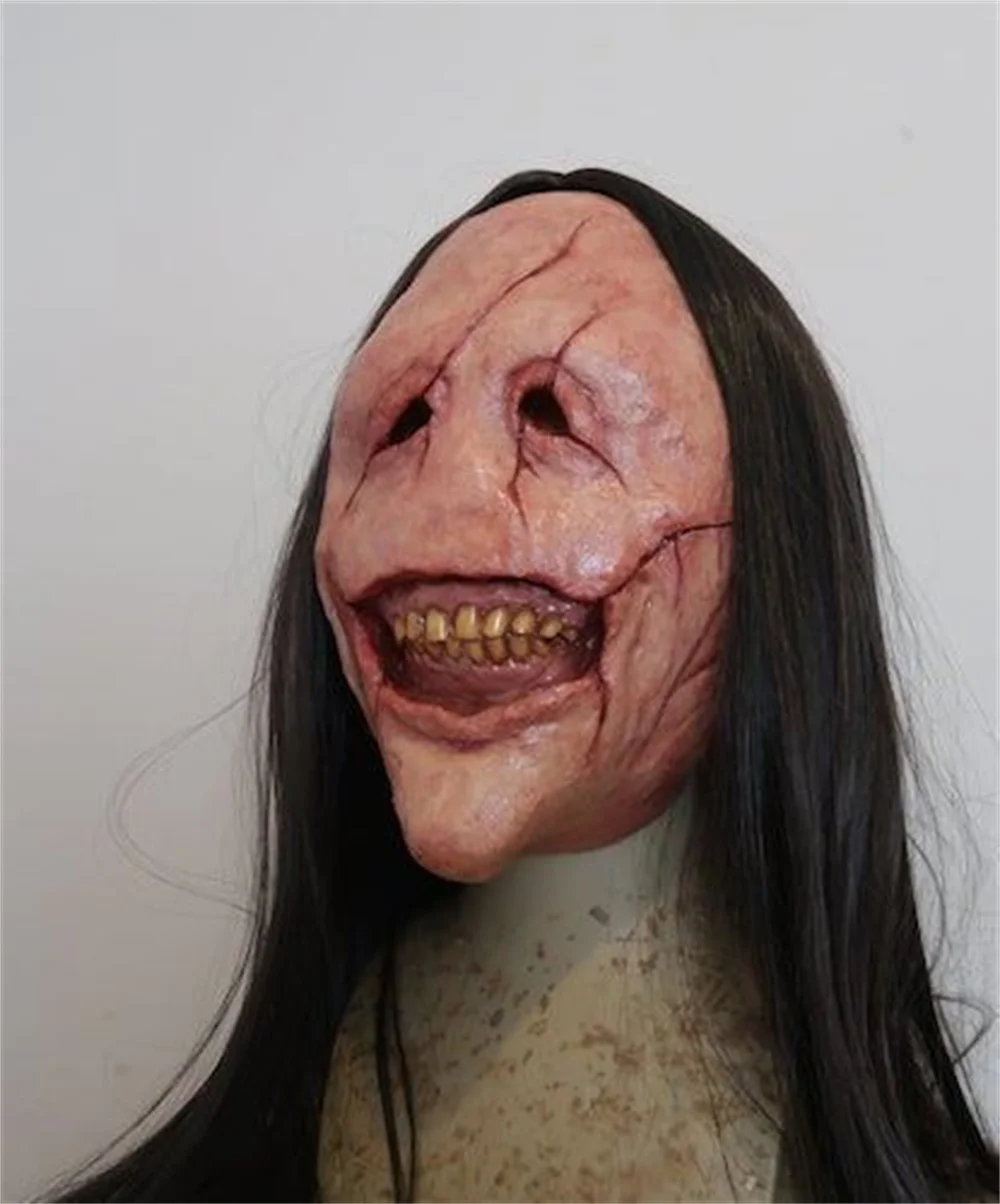 

Хэллоуин ужасные длинные волосы маска демона красное лицо маска демона открытые зубы демон латексная длинная маска для волос
