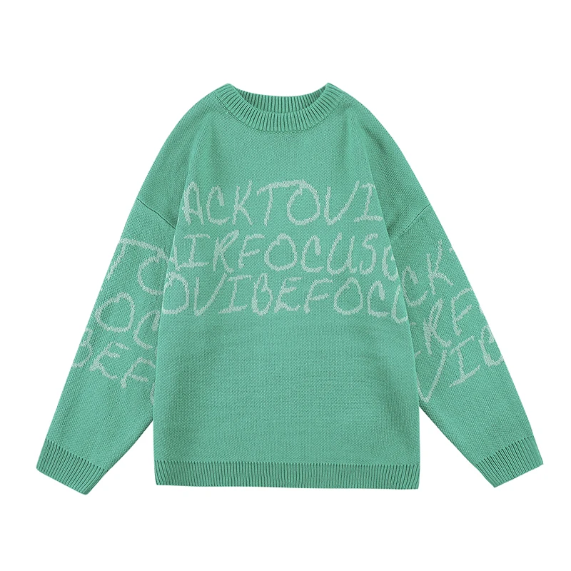 

Japanese Retro Letter Print Round Neck Pullover Men's Sweater Harajuku Oversize Spliced Knitted Casual Couple Winter Clothes
