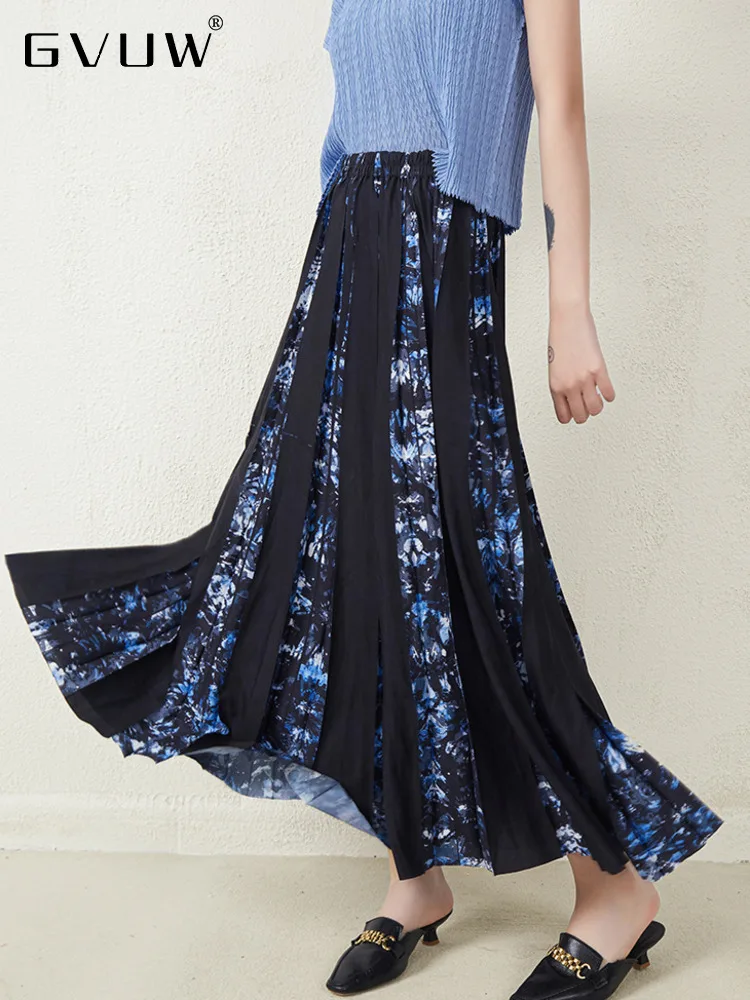 

GVUW Pleated Women Skirt Print Versatile Fashion Elastic Waist A Line Loose Folds Elegant Autumn New 2023 Female Clothes 17J1232