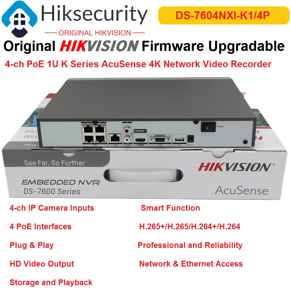 

Hikvision NVR DS-7604NXI-K1/4P 4-ch PoE 1U K Series AcuSense 4K Smart Function HD Video Output Original Two-Way Audio