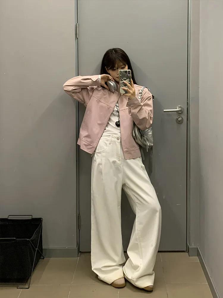 Song Zhengen розовая стираная хлопковая куртка женская на молнии дизайн осень новый