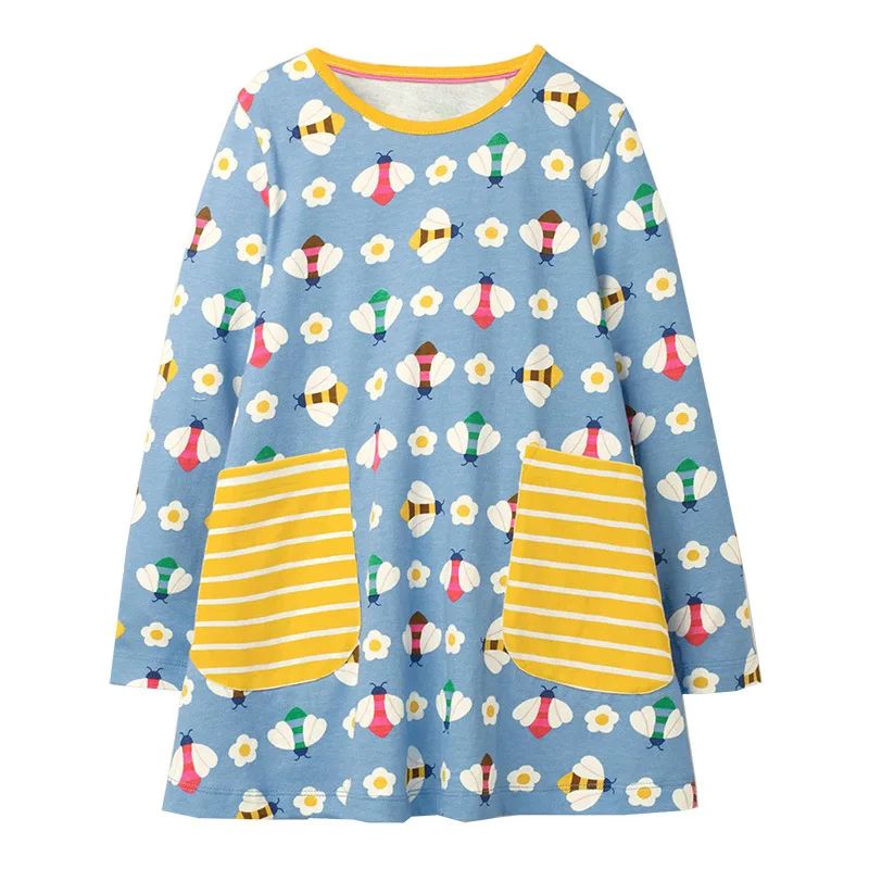 

New Spring Autumn animal Bee Baby Girl Leisure style Long Sleeve Dresses Kids Cute Princess Dress Girl Cotton Pocket Home Wear