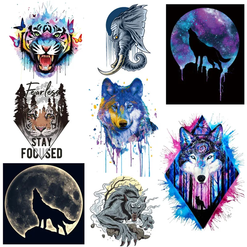 

Colorful Animal Stickers Iron-on Transfers For Clothing Hippie Wolf Tiger Applique Heat Thermal Transfer For Clothes Washable