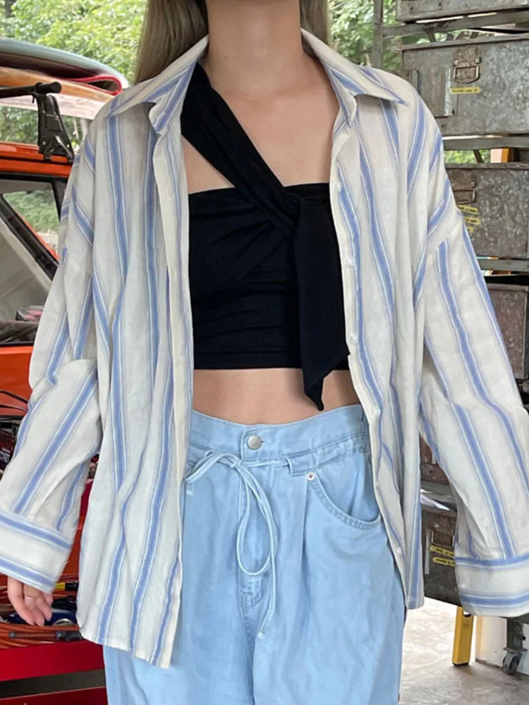 Женская блузка в полоску, с длинным рукавом, с лацканами