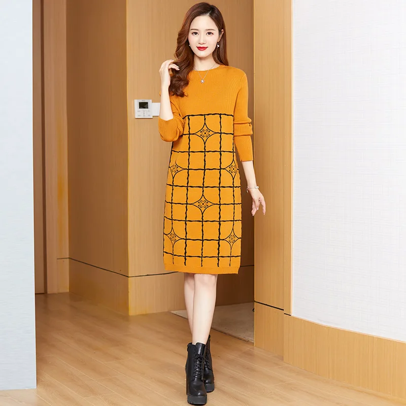 

Женское вязаное шерстяное платье, осень/зима 2022, свободное облегающее желтое шерстяное платье, повседневное элегантное праздничное платье,...