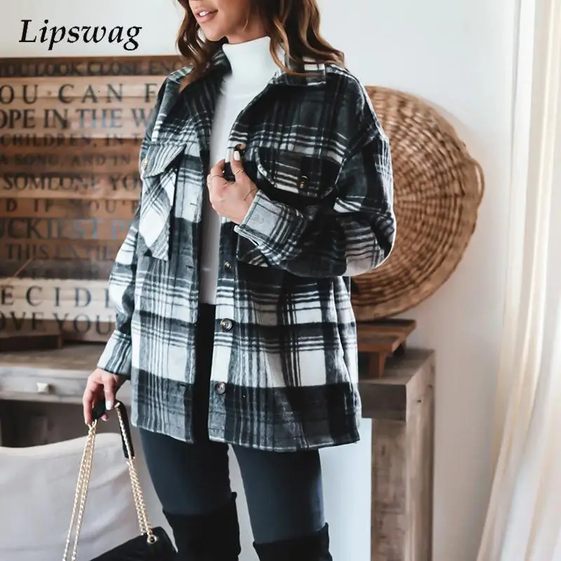 

Women Sexy Turn-down Collar Jacket 2022 Autumn Fashion Plaid Print Patchwork Cardigan Office Lady Casual Long Sleeve Button Coat