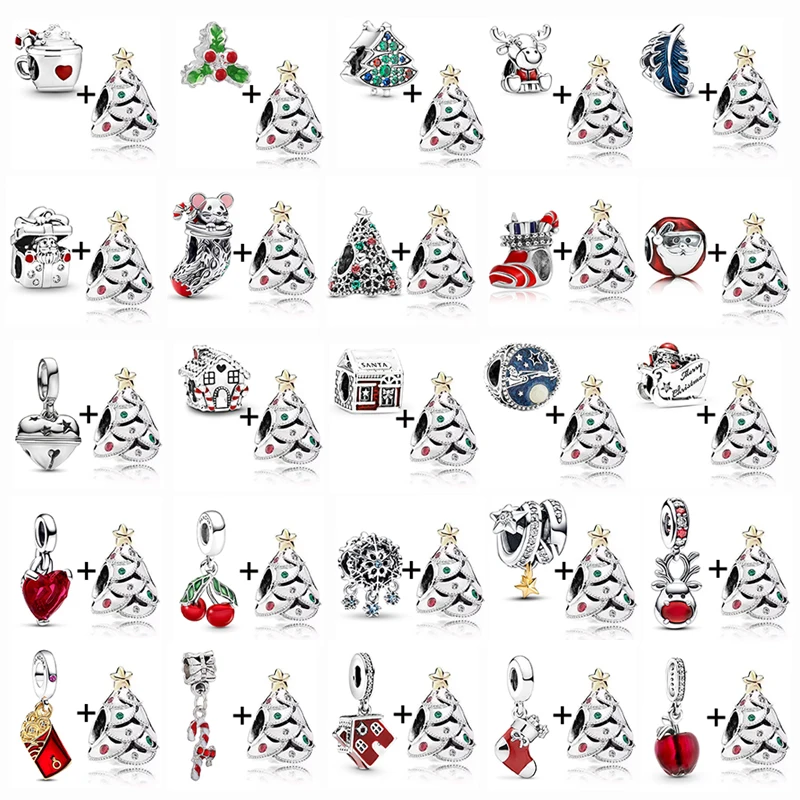 2Pcs/Lot Christmas Tree &amp Xmas House Beads With Apple Pendants Fit DIY Charm Bracelet Necklace For Women Kid Festival Gift