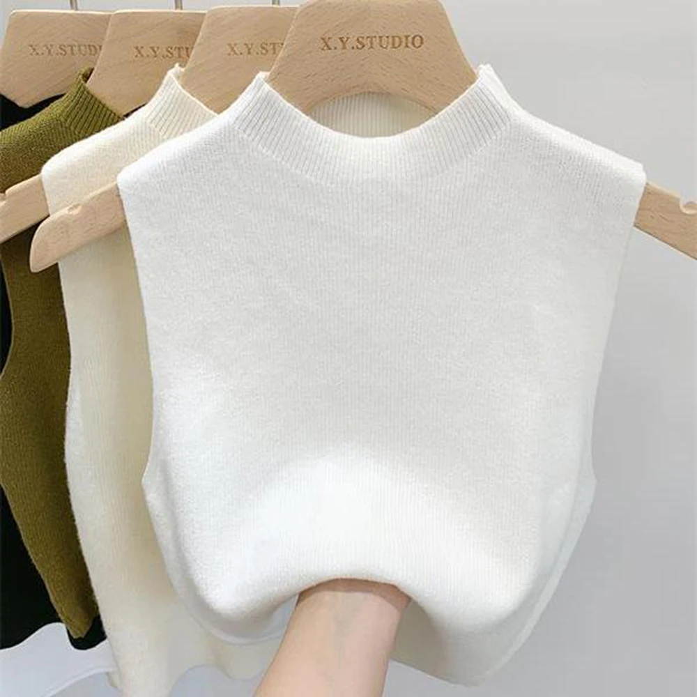 

Spring Autumn Tank Tees Tops Knitted Sweater Camisole Temperament Cropped Half-turtleneck Vest Women Cropped Top Sleeveless