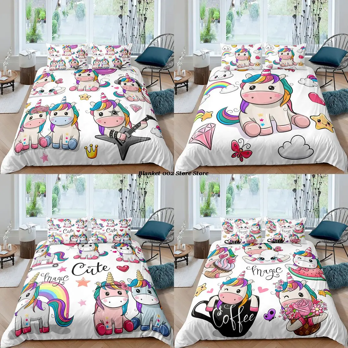 

Home Textiles Luxury 3D Cartoon Unicorn Duvet Cover Set Pillowcase Kids Bedding Set AU/EU/UK/US Queen and King Size Bedding