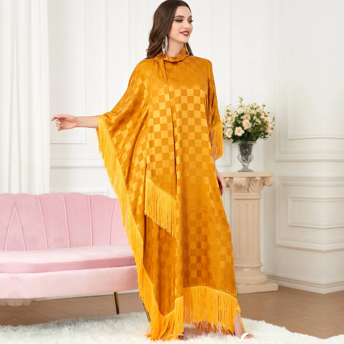 Women's Spring Summer Ramadan Muslim Fashion Fringe Dress Abaya Arab Islamic Women's Kaftan Bat Sleeve Dress, Dubai, Turkey
