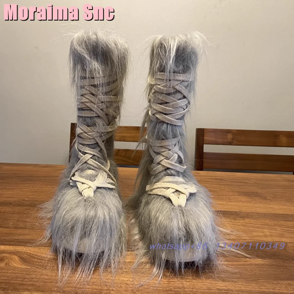 Longhair Меховые сапоги до середины икры на шнуровке с круглым носком и толстой