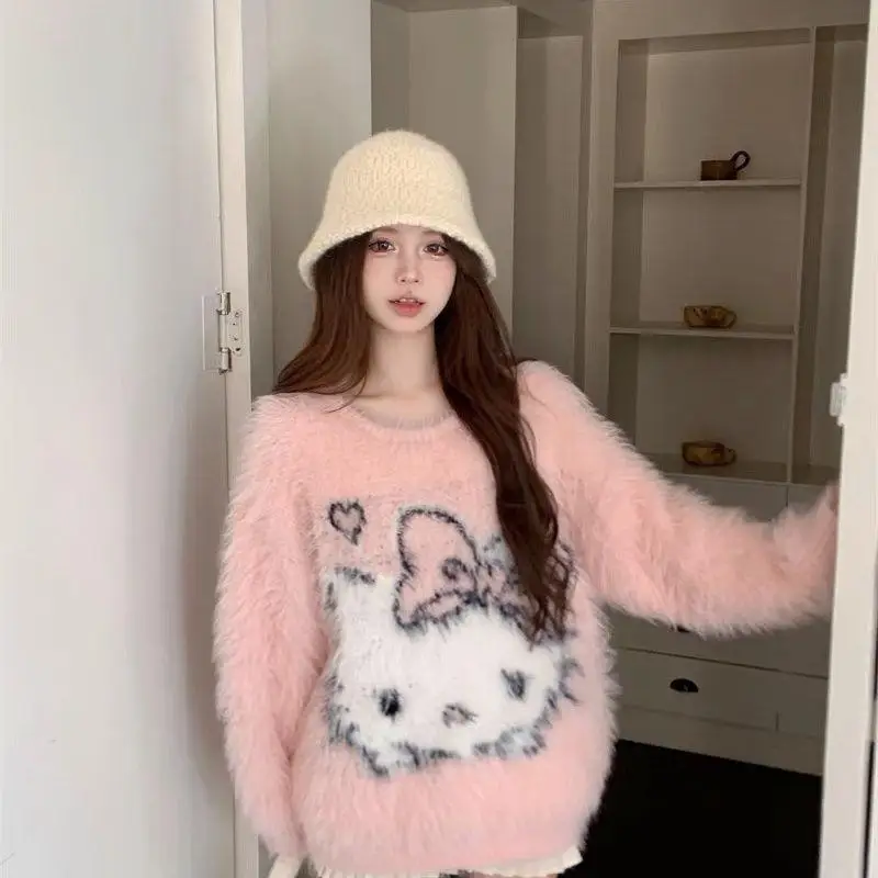 Kawaii свитер Hello Kitty Sanrioed с круглым вырезом Lazy Mujer 2024 осенний милый вязаный пуловер Y2K