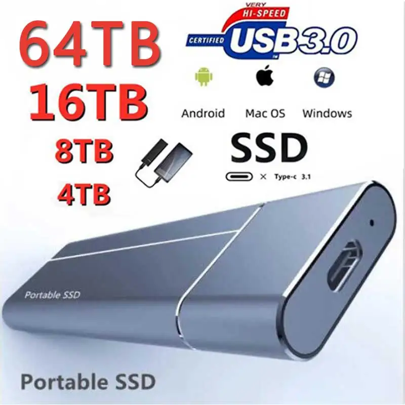 100% Оригинальный Высокоскоростной 16ТБ 8ТБ SSD 4ТБ 2ТБ Портативный Внешний Твердотельный Накопитель USB3.0 Интерфейс Мобильный