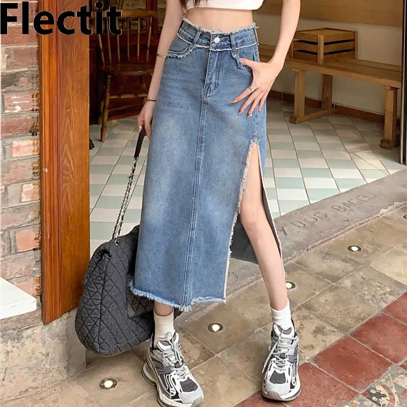 

Flectit Womens Midi Denim Skirt with Side Slit High Waist Frayed Detail Jean Skirt 90s Streetwear Plus Size S- 4XL