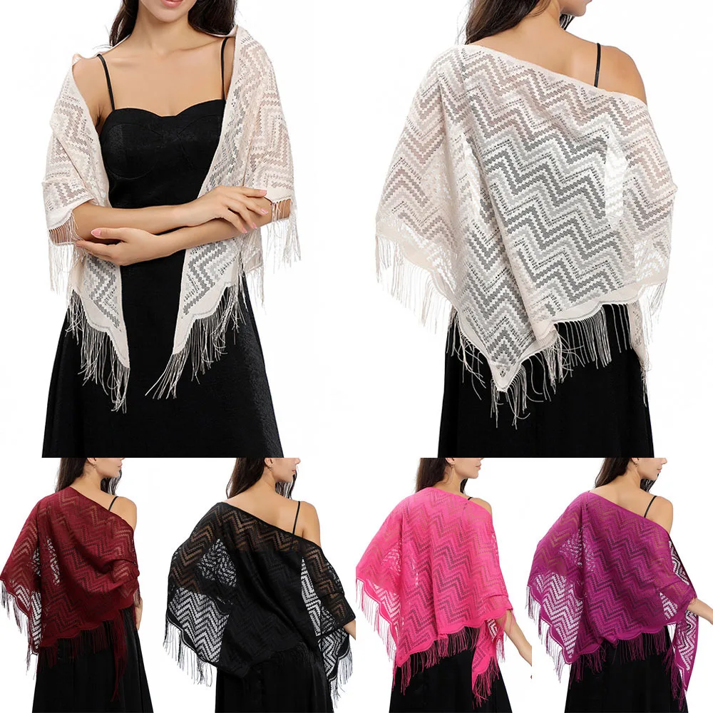 

Summer Long Tassel Scarf Triangle Wave Lace Large Shawls Solid Sunscreen Evening Party Wedding Shawls Wraps Muslim Hijabs Soft