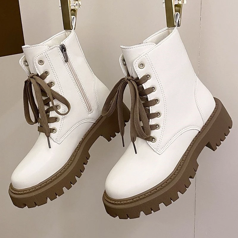 Boots for Wmen 2023 Spring Autumn Lady British Style Fashion Lace Up White Shoes Daily Joker Outside Wear Shoes Female