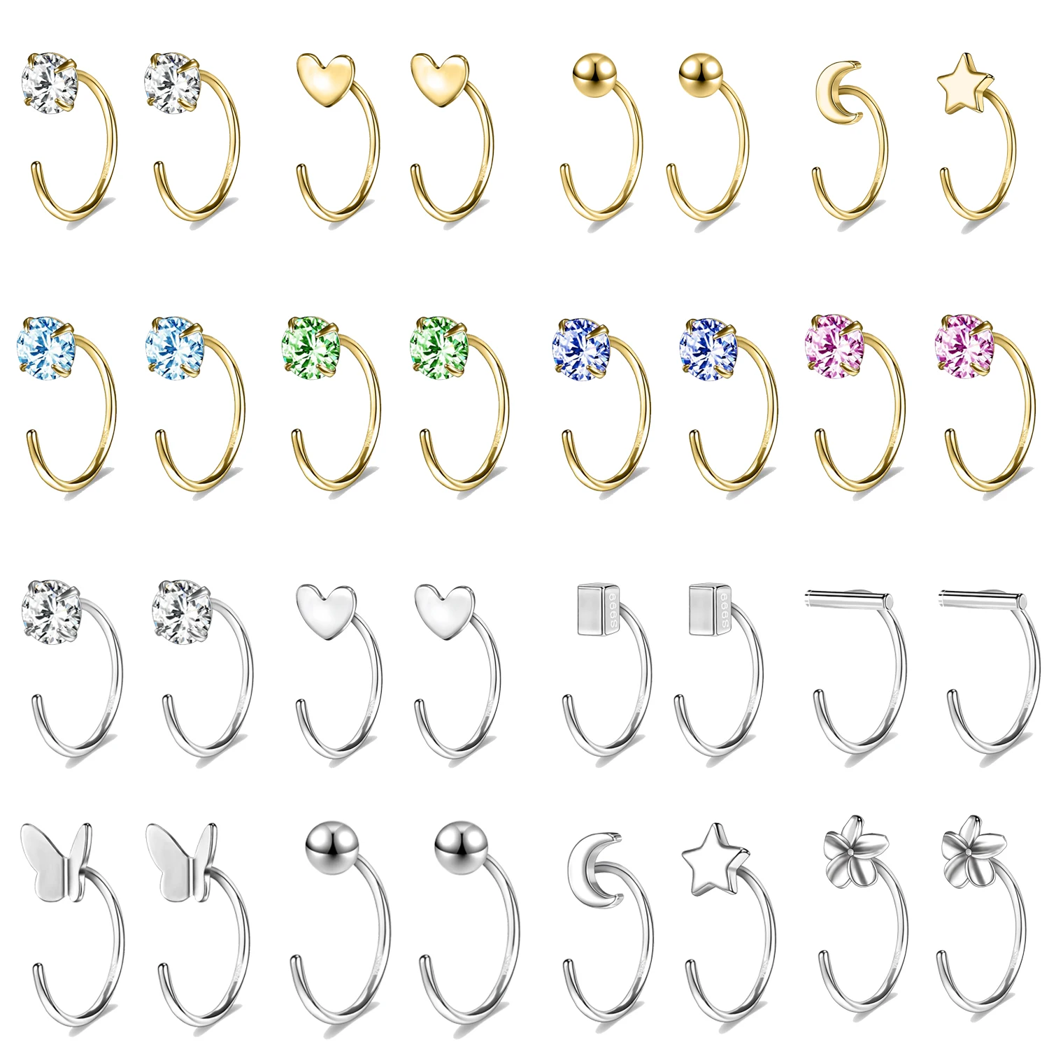 

ZEMO 1Pair 20G 925 Sterling Sliver Hoop Earring for Women Heart Moon Star Earring Minimal Ear Tragus Helix Piercing Jewelry 8mm
