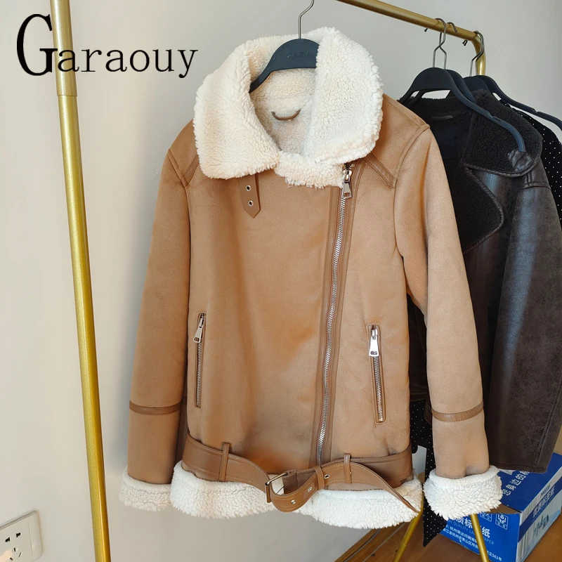 Garaouy 2023 Winter Jacket Women Fashion Suede Thick Faux Leather Coat Female Vintage Casual Warm Lamb Wool Motorcycle Outwear