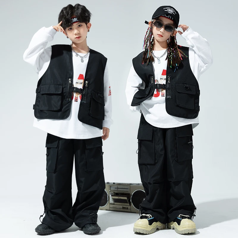 

Black Hip Hop Clothing Girls Solid Vest Cagro Pants Boys Street Dance Joggers Child Streetwear Kids Costumes Jazz Stage Clothes