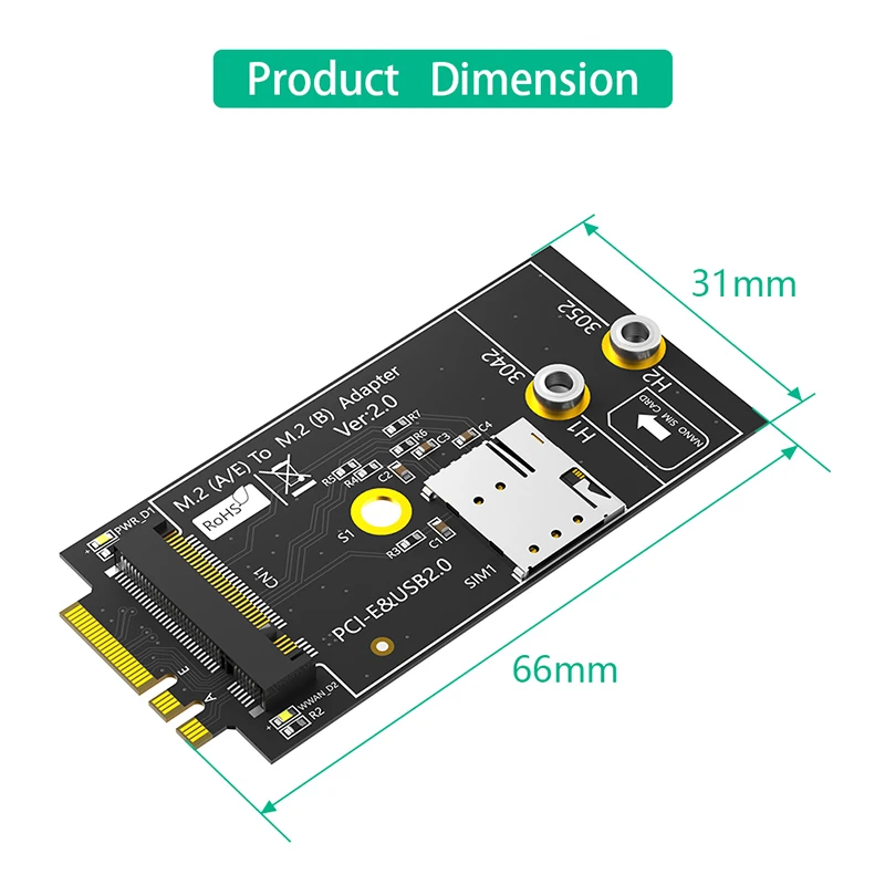 Адаптер M.2 Key B на A + E со слотом для карты NANO SIM 3G/4G/Φ модуль поддержка 3042/3052 Type M2 Wi-Fi