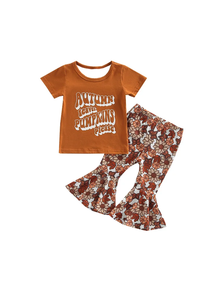 

Halloween New Designer Baby Girls Clothes Sets Short Sleeve Letters Printing T-shirts Leaves Bell Bottom Pants for Kids Outfits