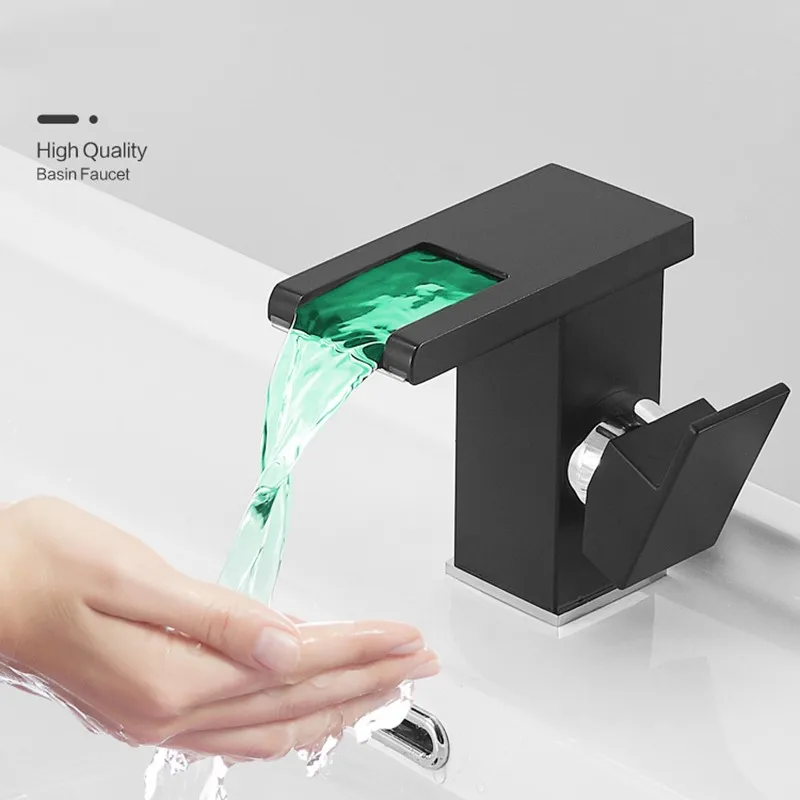 

049HOME Basin Faucets LED Waterfall Basin Bathroom Faucet Countertop Mount Hot and Cold Water Mixer Color Change with Water Flow