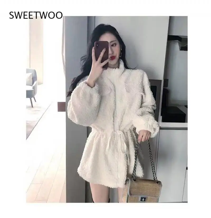 Winter Soft Warm Thick Faux Fur Coat Women Drop Shoulder Long Sleeve Zipper Drawstring Fluffy Jacket Korean Fashion Slim 2022