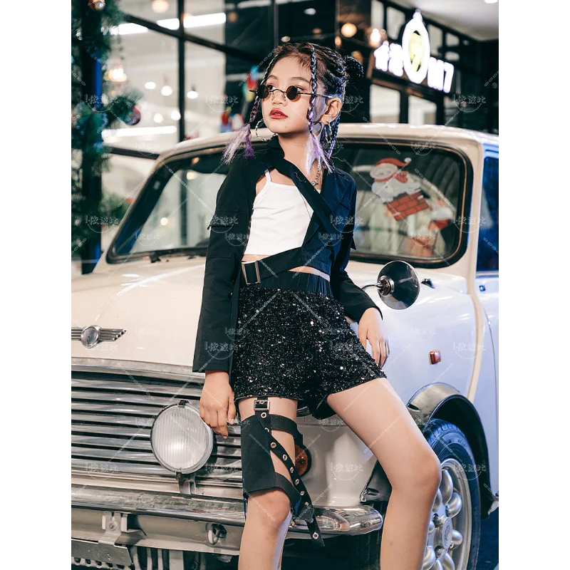 Новый танцевальный костюм для девушек черно-серебряные блестки модный джазовых