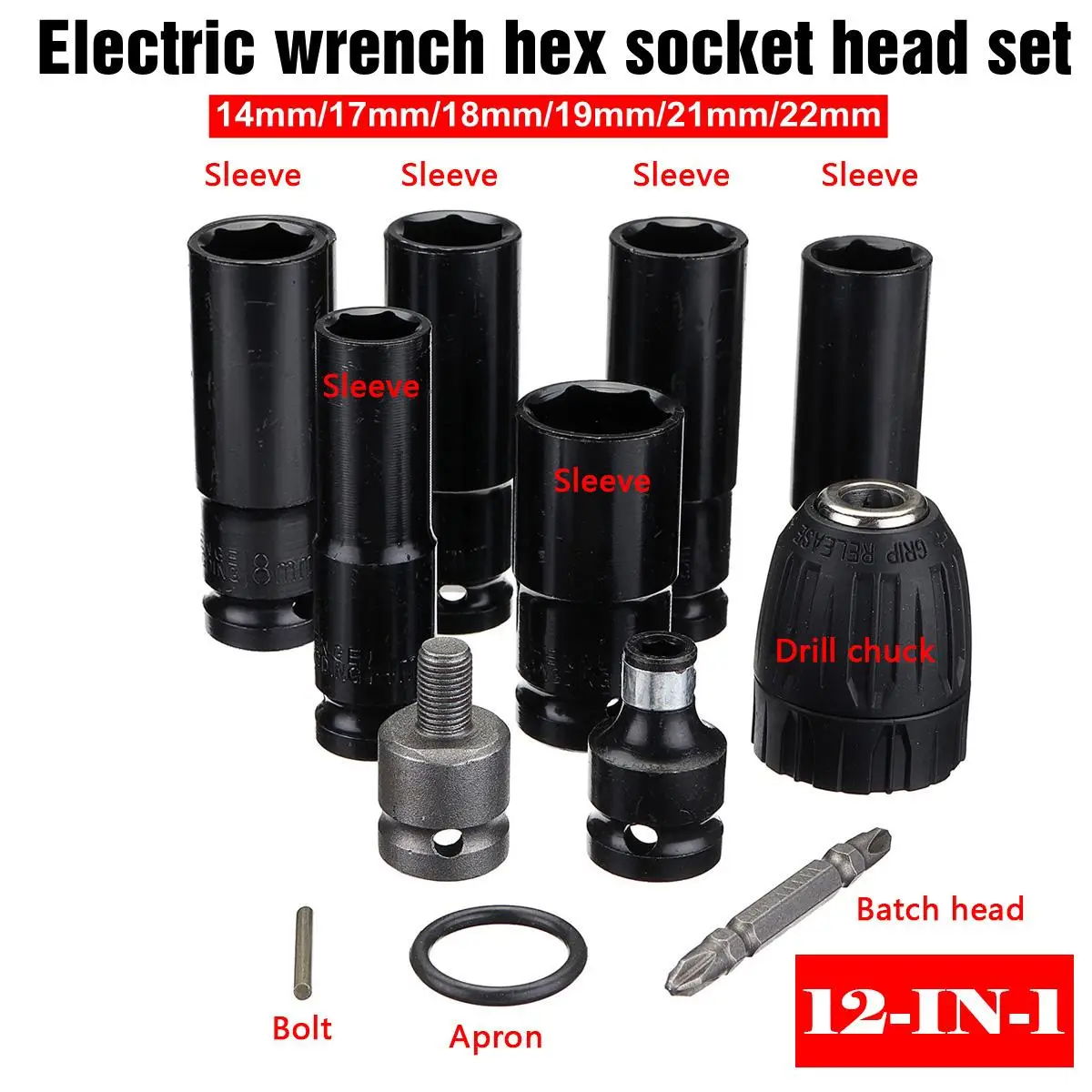 

12pcs/set Electric Wrench Hex Socket Head Set Kit 1/2inch Electric Wrench Adapter 6 Sleeve For Electric Wrench Machine