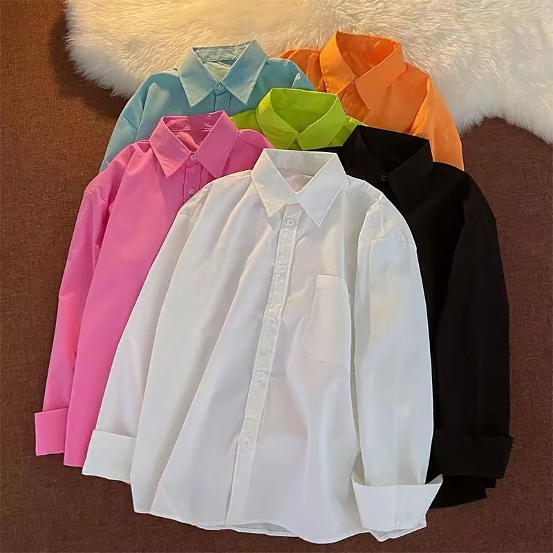 

2022 Men's Simple Solid Color Long Sleeve Students Shirts Casual Lapel Collar Fashion Trend Multicolor Loose Shirts Size M-2XL