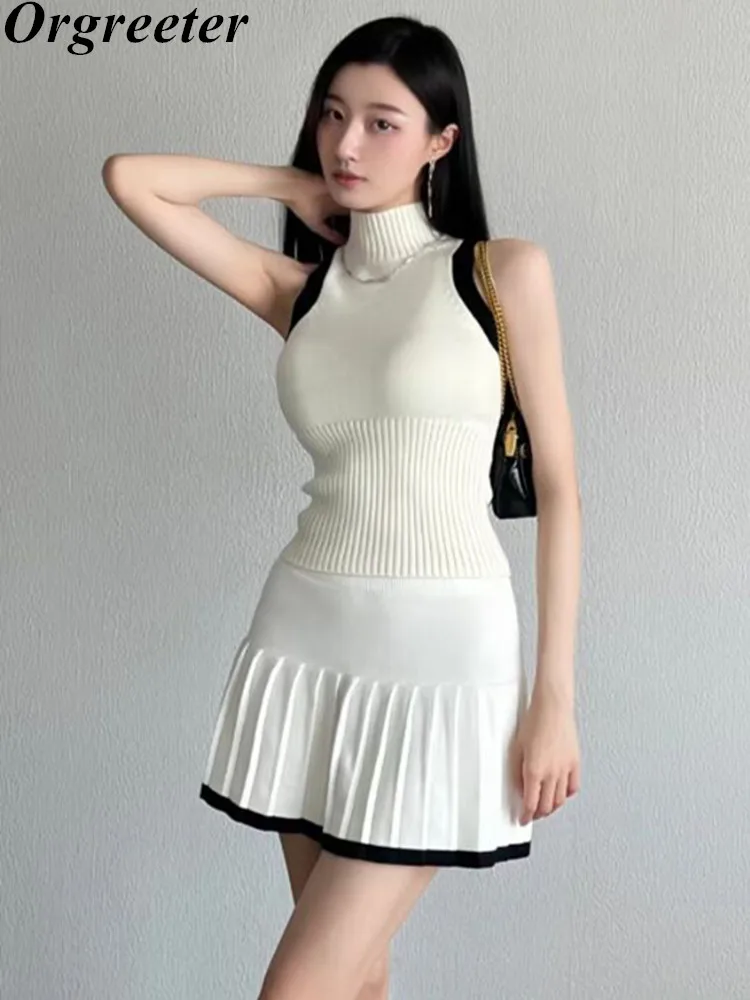 

Женский комплект из двух предметов, минималистичный Трикотажный жилет с высокой талией, плиссированная короткая трикотажная водолазка