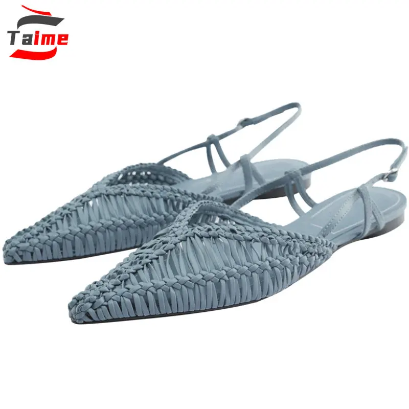 

Slingbacks Flats Shoes Buckle Pointed Toe Slippers Female Woven Roman Sandals Chaussures Femme Ladies Shoes Luxury Shoes Women