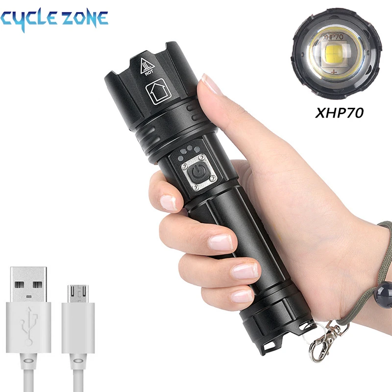 

High Power XHP70 Flashlight Rechargeable Input Output Telescopic Zoom Flashlights Power Display LED Light Outdoor Camping Tools