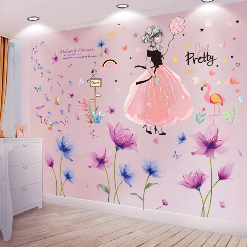 

Flowers Plants Wall Stickers DIY Cartoon Girl Wall Decals for Living Room Kids Bedroom Kindergarten Nursery Home Decoration