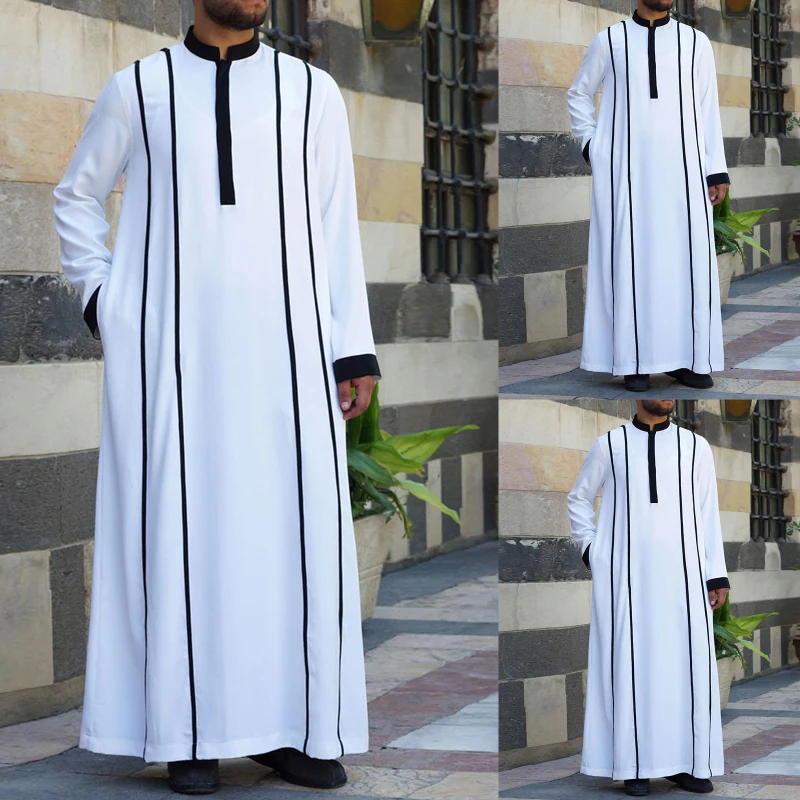 Muslim Robes Men Traditional Eid Ramadan Gift Islamic Arab Caftan Jubba Thobe Long Sleeve Fashion Leisure Loose Clothing White