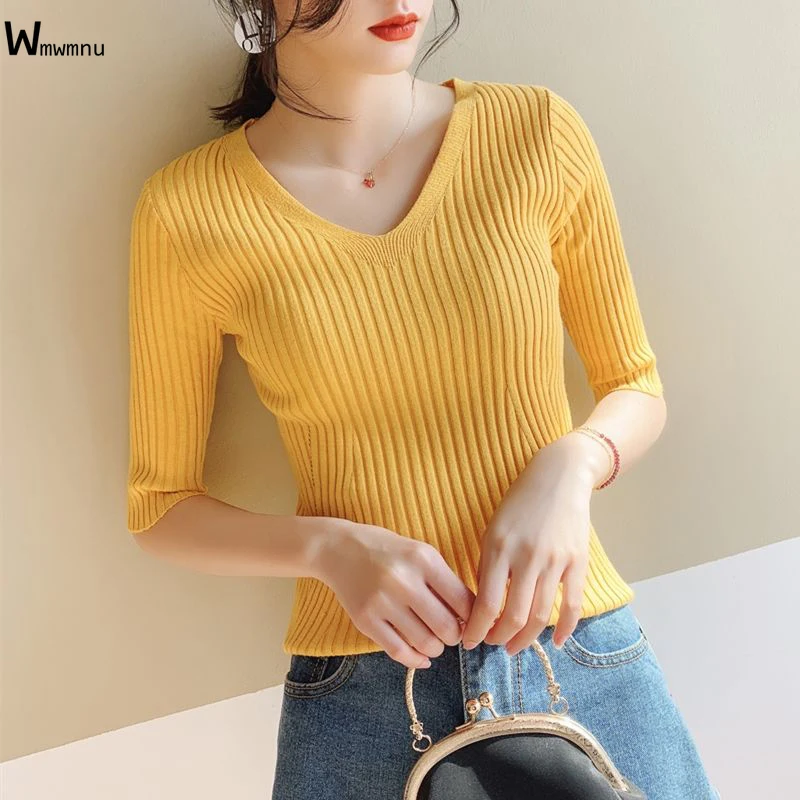 

Summer Fashion V-Neck Elastic Tops Casual Half Sleeve Slim Knitted Knitted T-Shirt For Women Korean Style Short Knitwear Female
