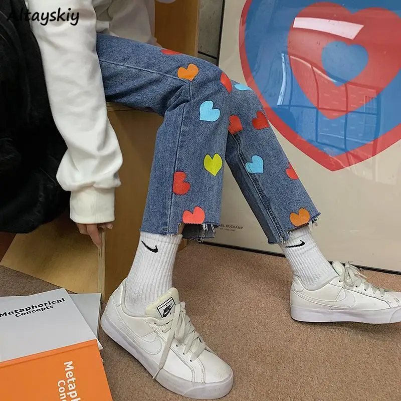 

Jeans Women Lovely Denim Students Loose Straight Feminine Trousers Korean Style All-match 4XL Ankle-Length 2020 Newly Colorful