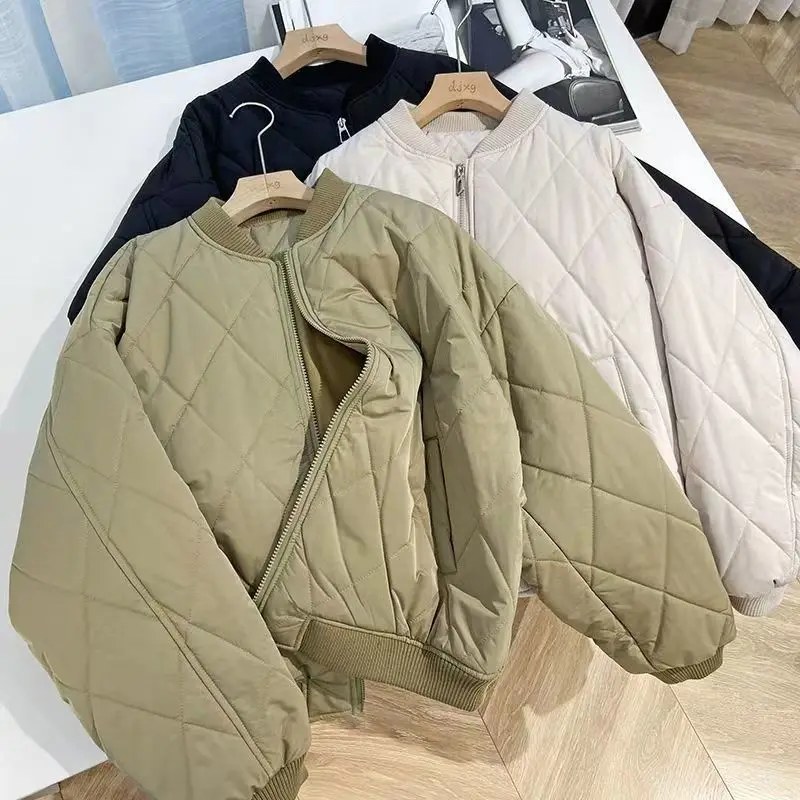 QWEEK Women Winter Parkas Harajuku Black White Green Cropped Zipper Parka Oversize Warm Chic Casual Thicken Coats Korean Fashion