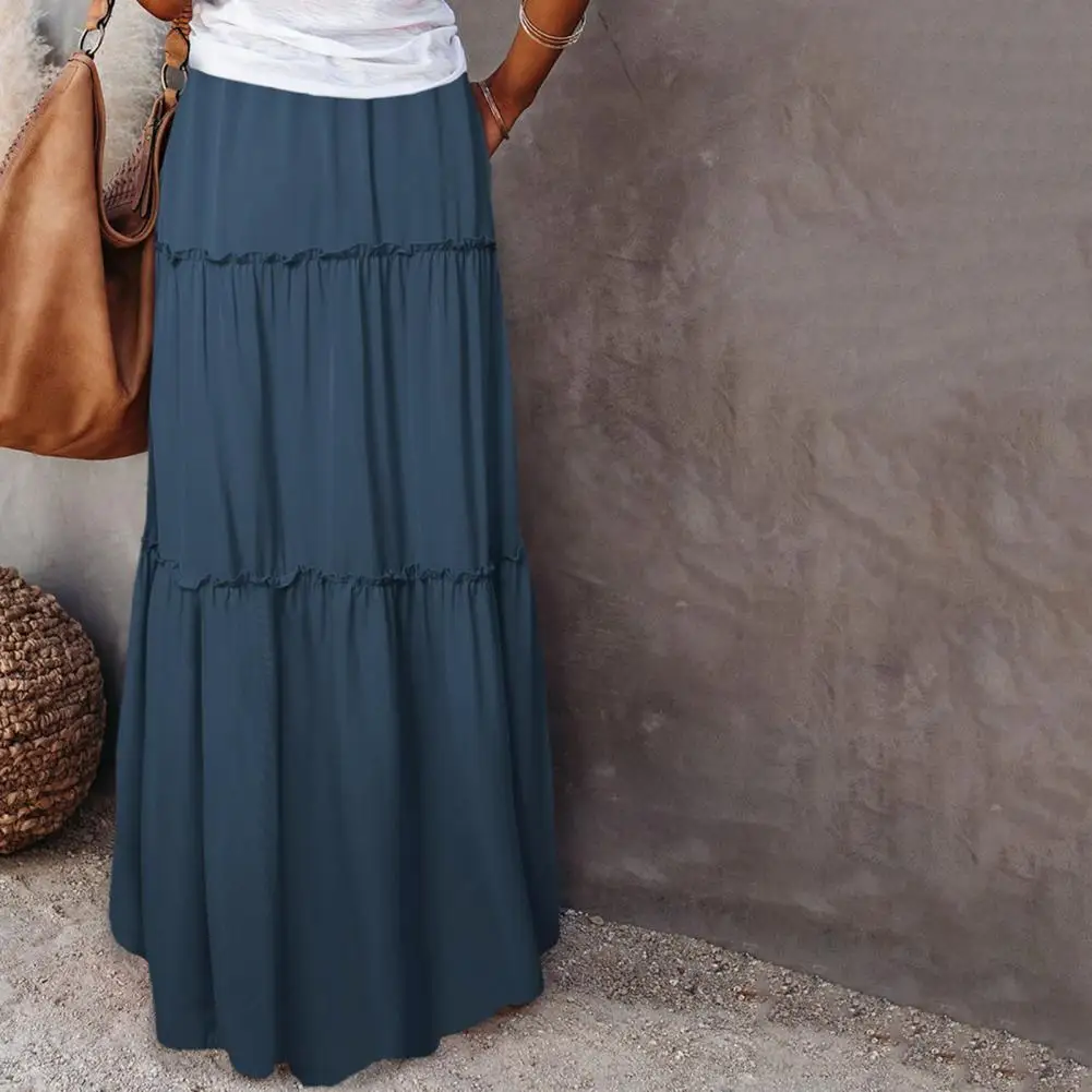 

High Waist Maxi Skirt Elegant Women's High Waist Maxi Skirt A-line Silhouette Solid Color Ruffle Stitching for Holiday Parties